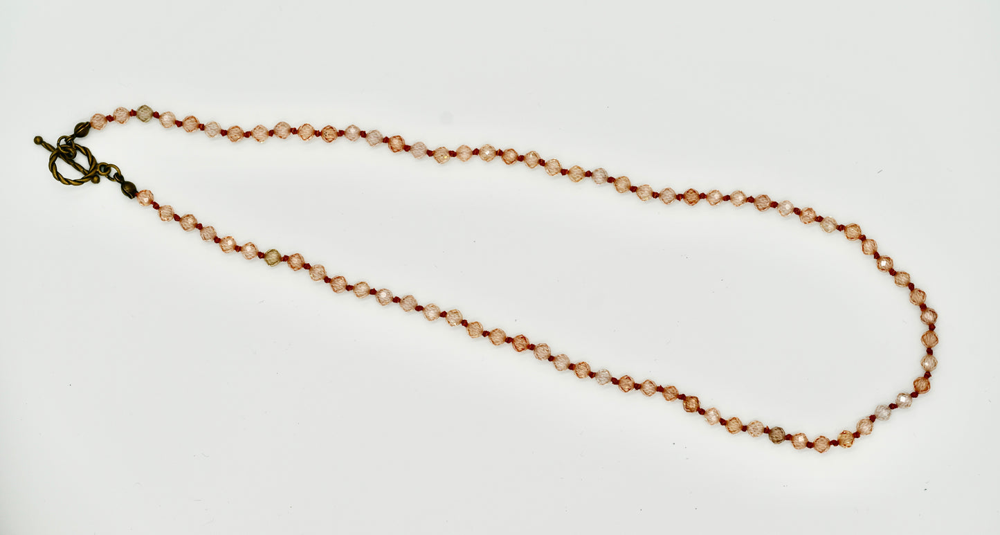 Chocolate Cognac Facet Chrystals 18 Inch Knotted Chocolate Brown Wax Silk Yellow Copper Hardware