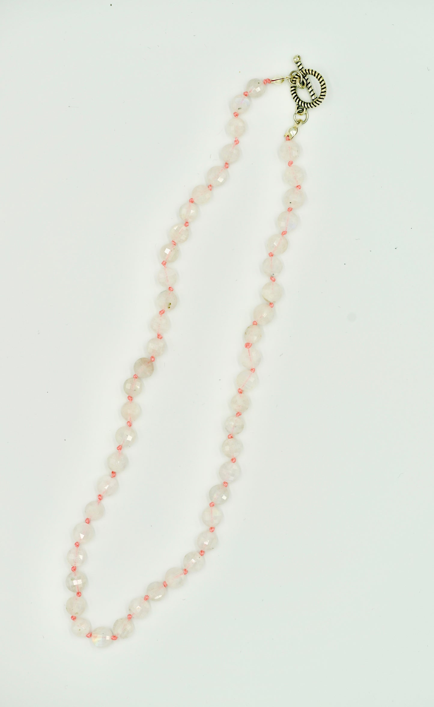 Moon Stone Knotted Pink Silk 17 Inch Necklace Silver Hardware