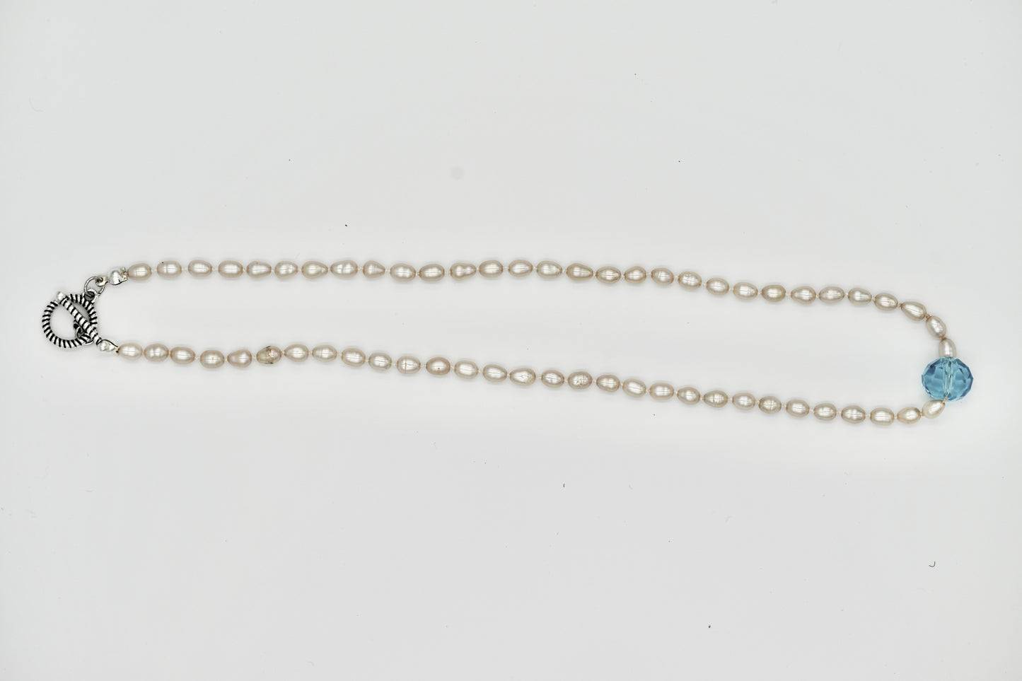 Fresh Water Pearl with 20k Aquamarine Stone Knotted 17 Inch Necklace White Silk Silver Hardware