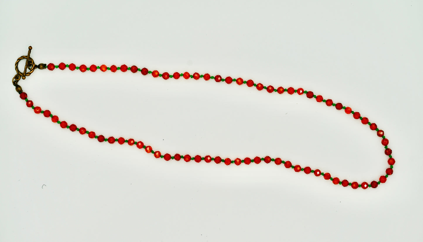 Orange Garnet Facet Shiny Knotted Green Wax Silk 18 Inch Necklace Yellow Copper Antique Hardware