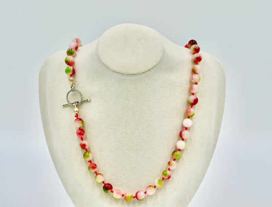 Jasper Jade 20 Inch Knotted Pink Silk Necklace Silver Hardware