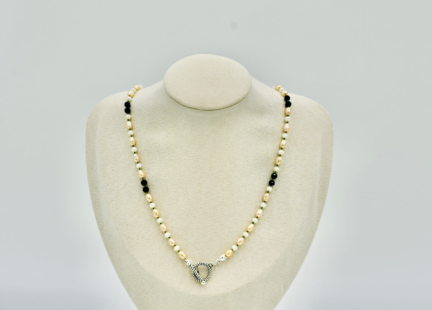 Mixed Stone Fresh Water Pearl Black Spinel with Coral 17 Inch Knotted Green Silk Silver Hardware