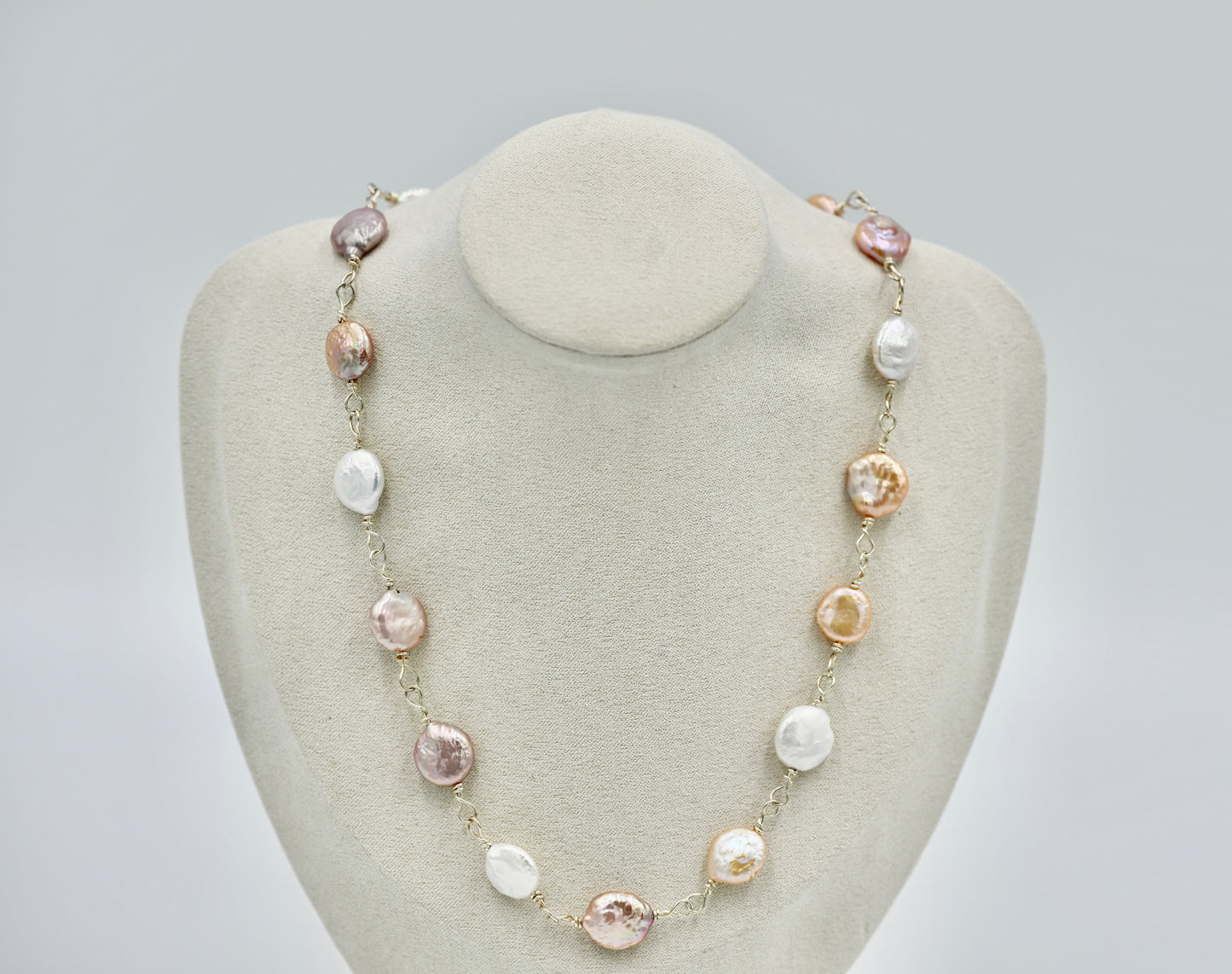 Sterling Silver Rosary Twisted with Multiple Flat Fresh Water Pearls 18 Inch Necklace