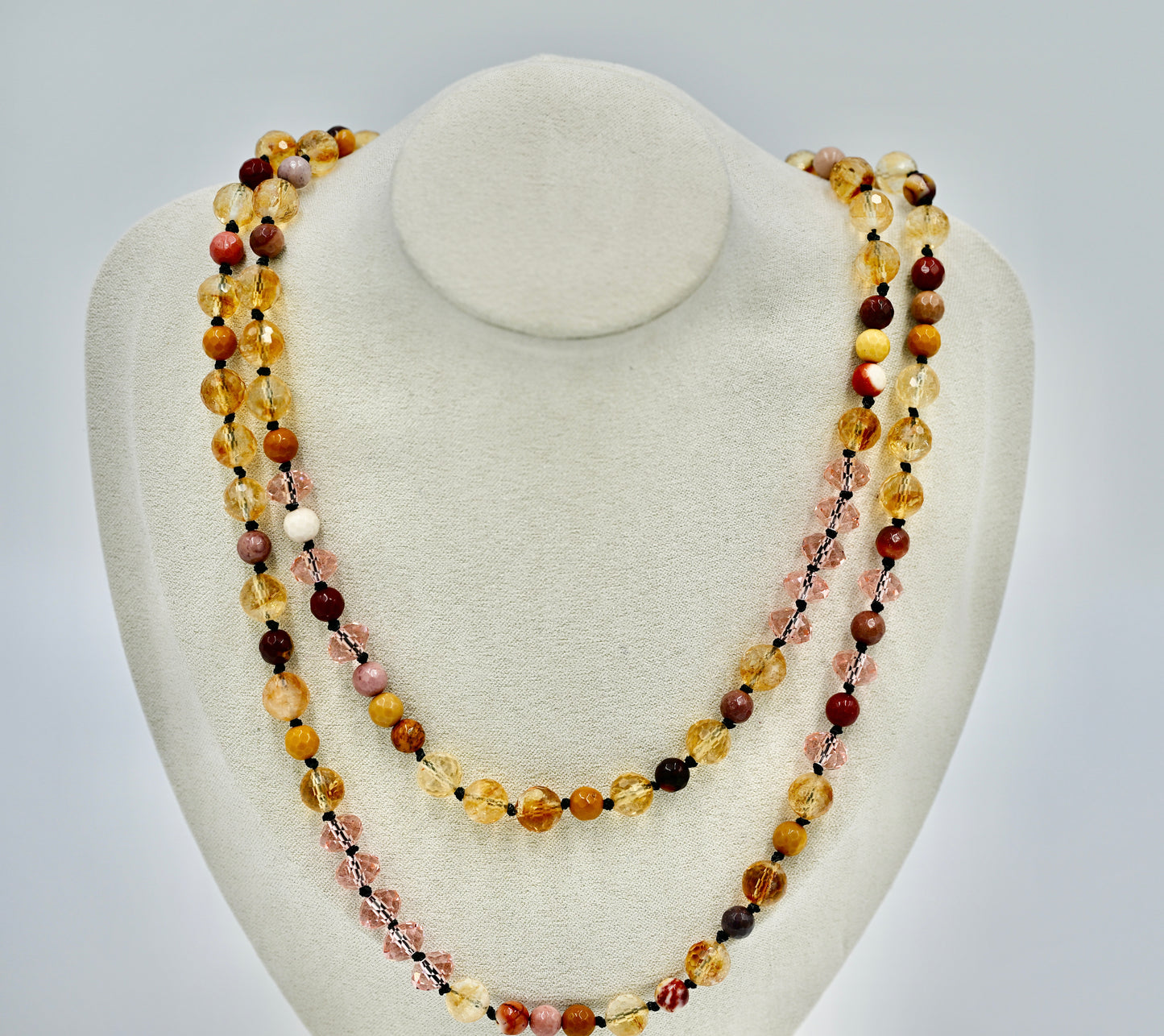 Multiple Gemstones Seven Chrystals Mookaite Pink Facet Chrystal 36 Inch Gold Hardware Necklace Knotted Black Silk