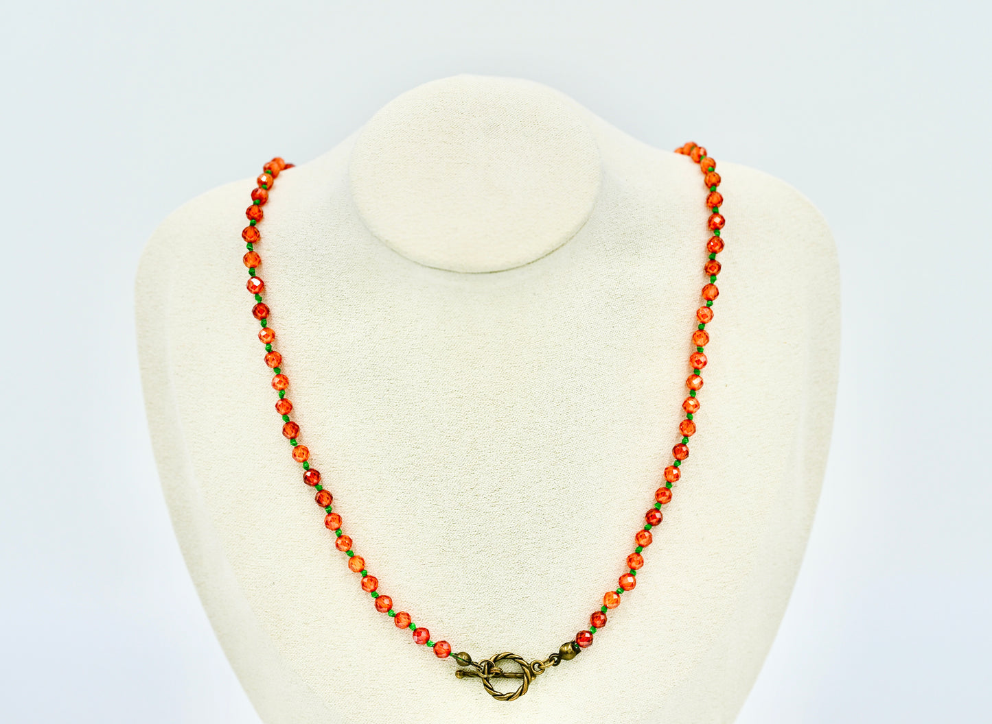 Orange Garnet Facet Shiny Knotted Green Wax Silk 18 Inch Necklace Yellow Copper Antique Hardware