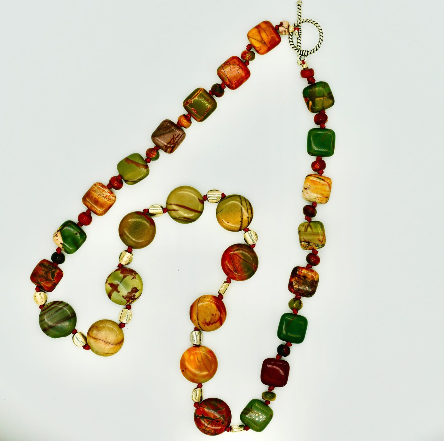 Picasso Jasper 24 Inch Knotted Brown Silk Necklace Silver Hardware