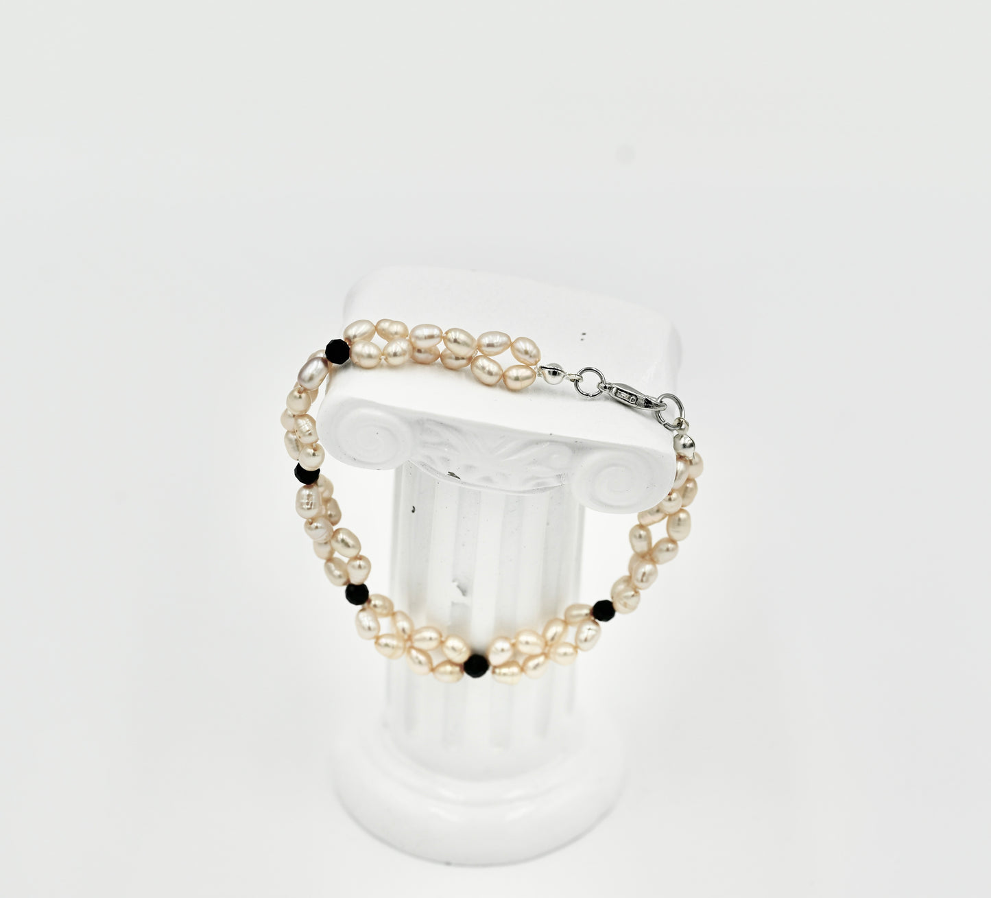 Double Sewn Fresh Water Pearls Black Spinel 7 Inch Bracelet Silver Hardware