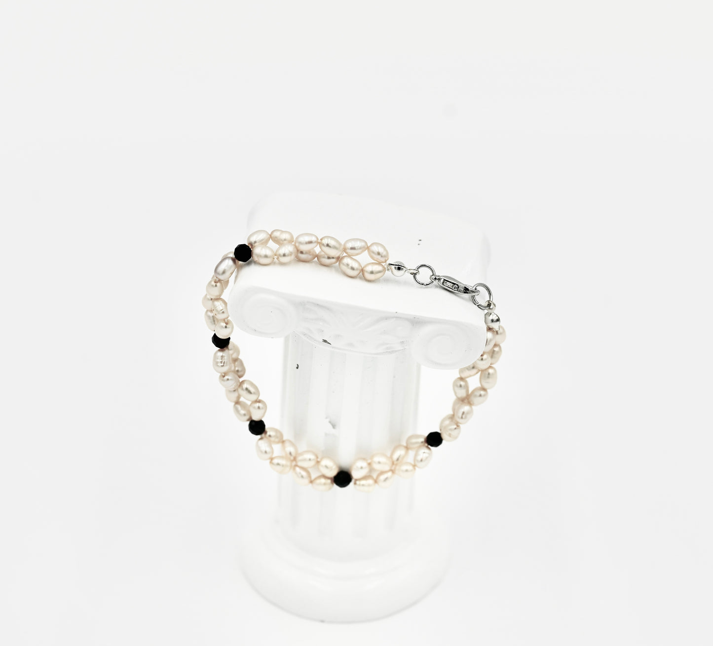 Double Sewn Fresh Water Pearls Black Spinel 7 Inch Bracelet Silver Hardware