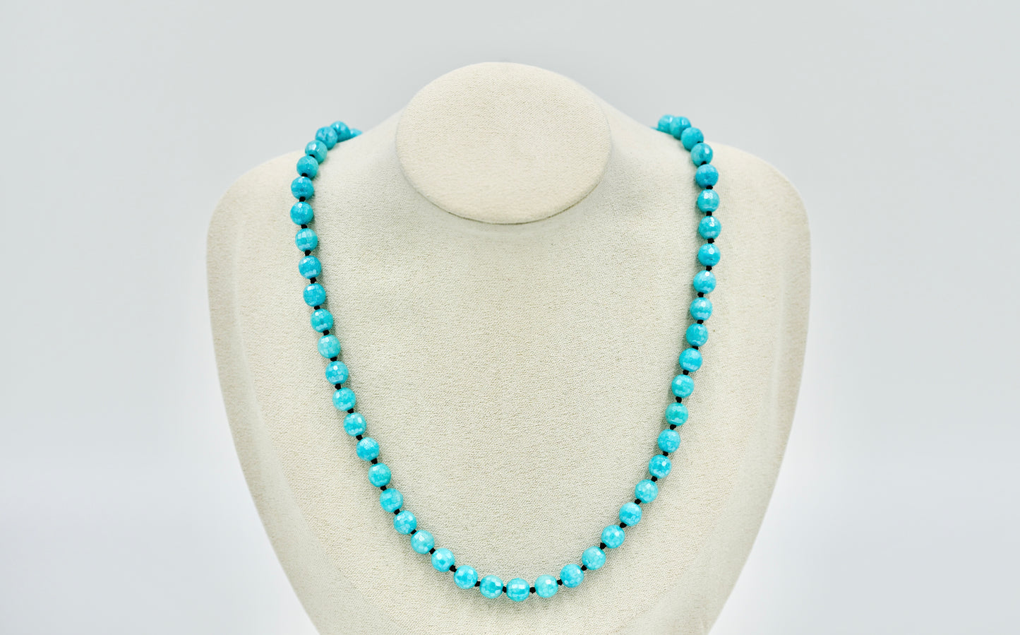 Mystic Blue Jade Facetted 17 Inch Necklace Knotted Black Silk