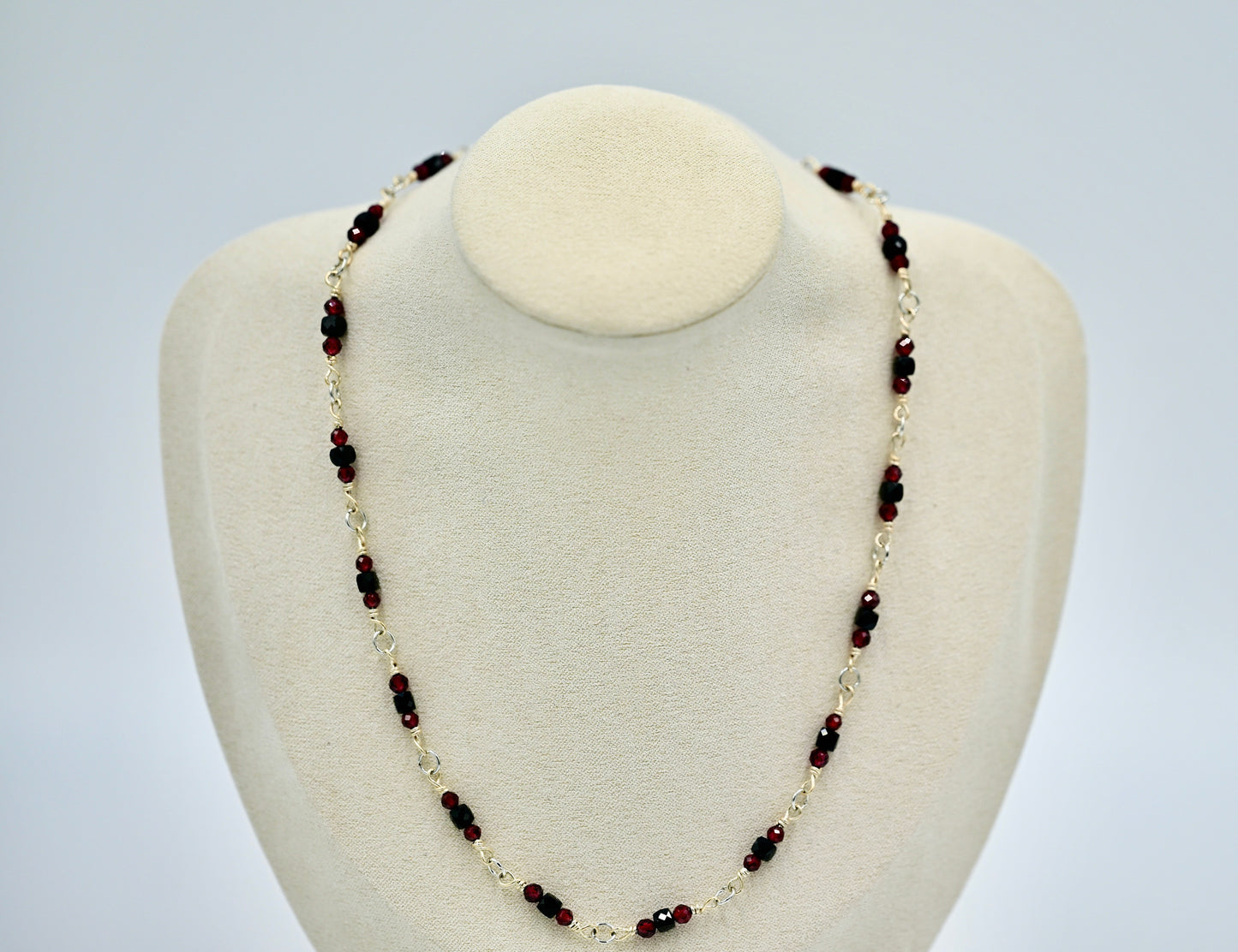 Black Spinel Red Garnet Accent 16 Inch 925 Rosary Necklace