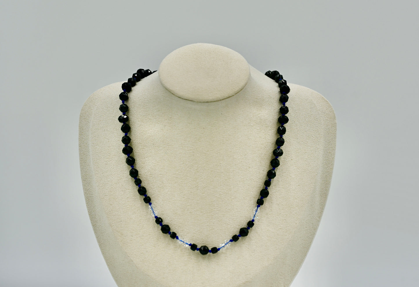 Black Spinel White Chrystals 16 Inch Knotted Blue Silk Necklace Silver Hardware