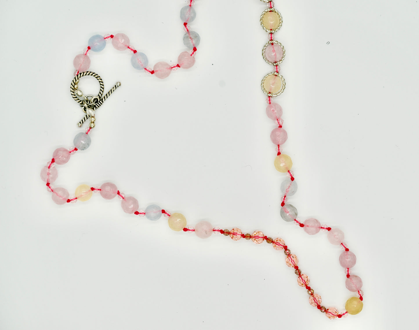 Morganite Pink Chrystals 22 Inch Knotted Pink Necklace Silver Hardware