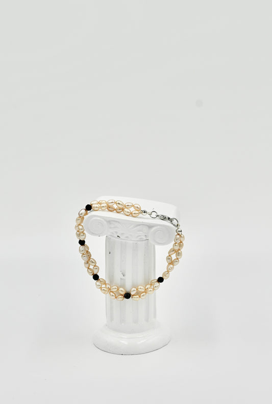 Double Sewn Fresh Water Pearls Black Spinel 7 Inch Bracelet Silver Hardware