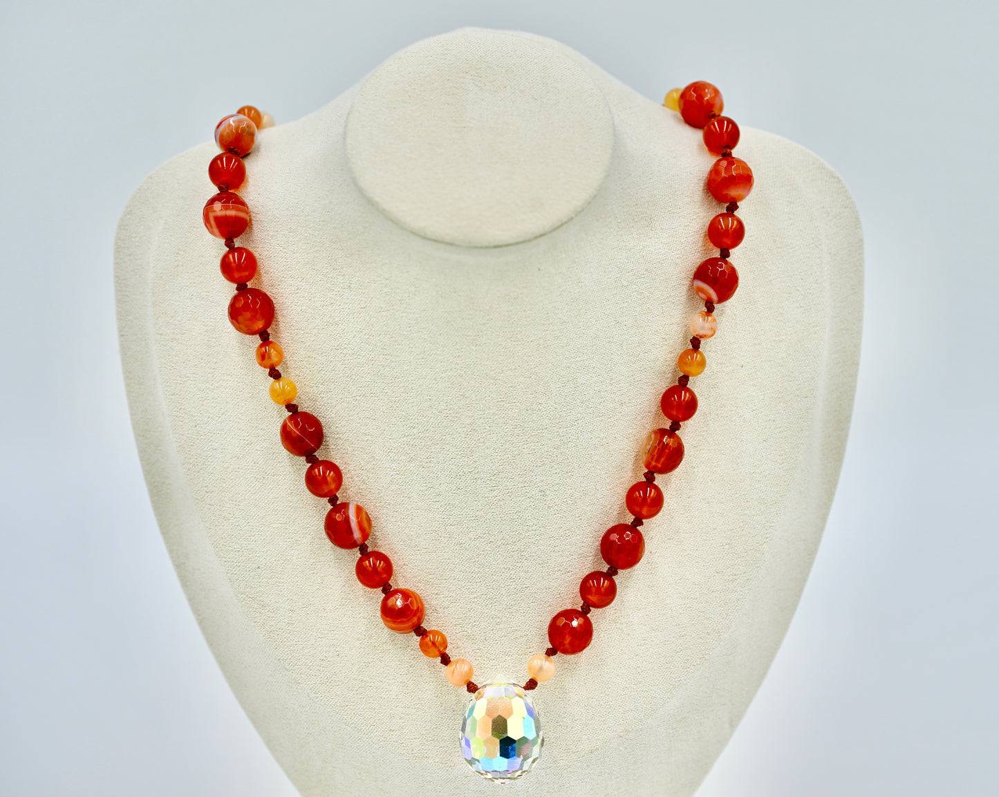 Sardonyx with Carnelian 27 Inch Knotted Necklace Burgundy Silk Genuine White Chrystal Pendant Silver Hardware