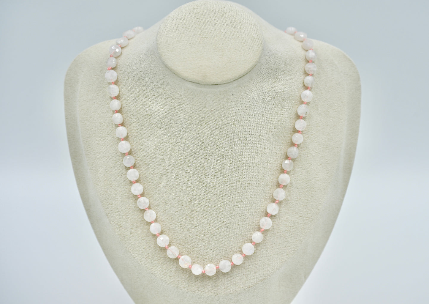 Moon Stone Knotted Pink Silk 17 Inch Necklace Silver Hardware
