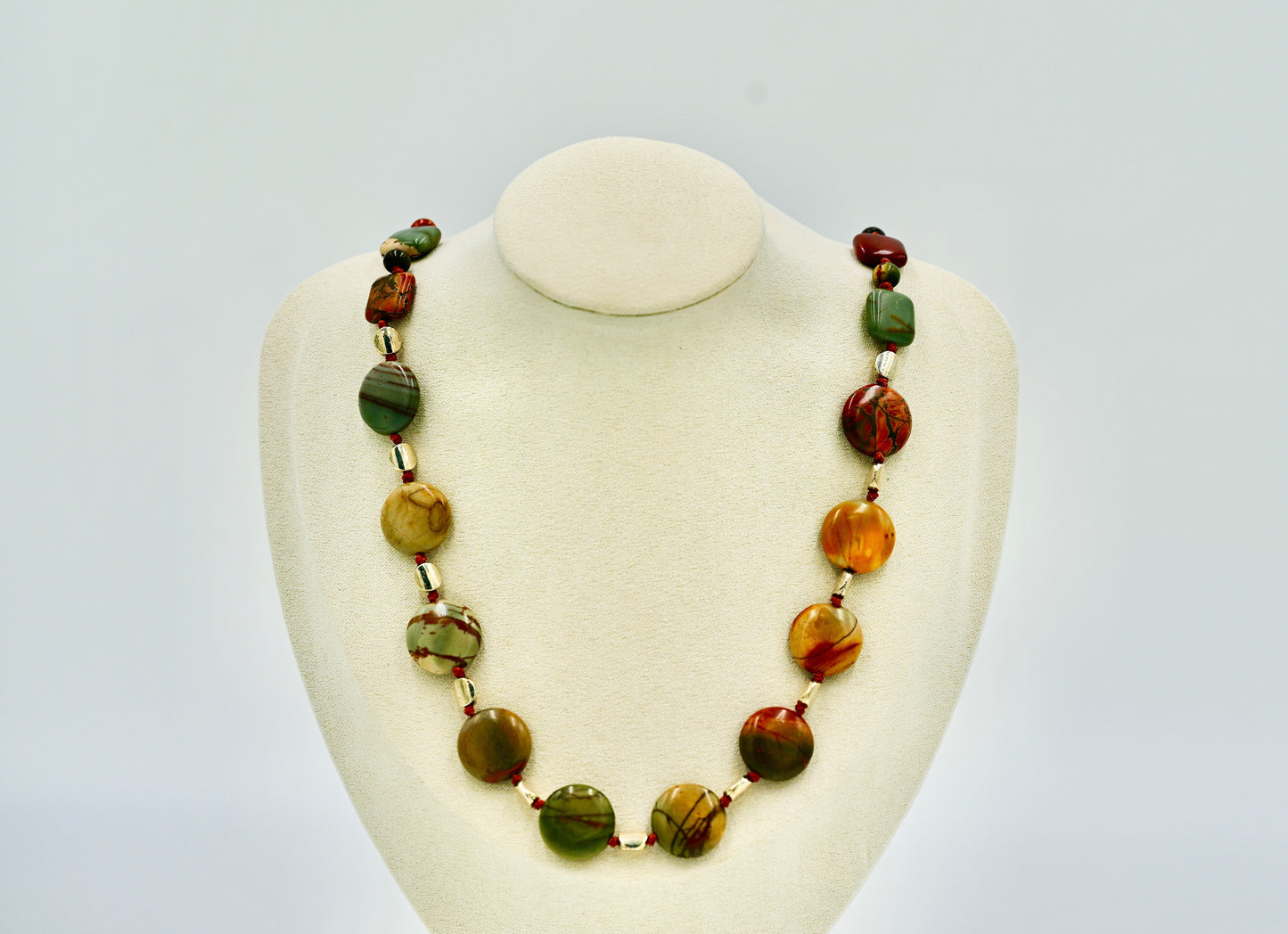 Picasso Jasper 24 Inch Knotted Brown Silk Necklace Silver Hardware