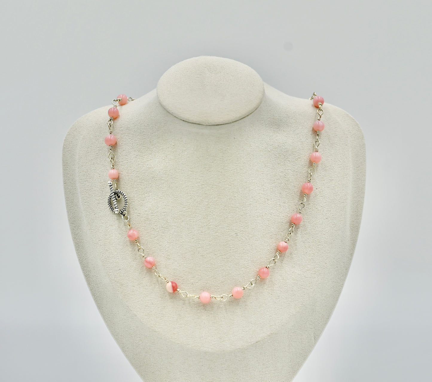 Pink Opal 925 Sterling Silver Rosary 17 Inch Necklace