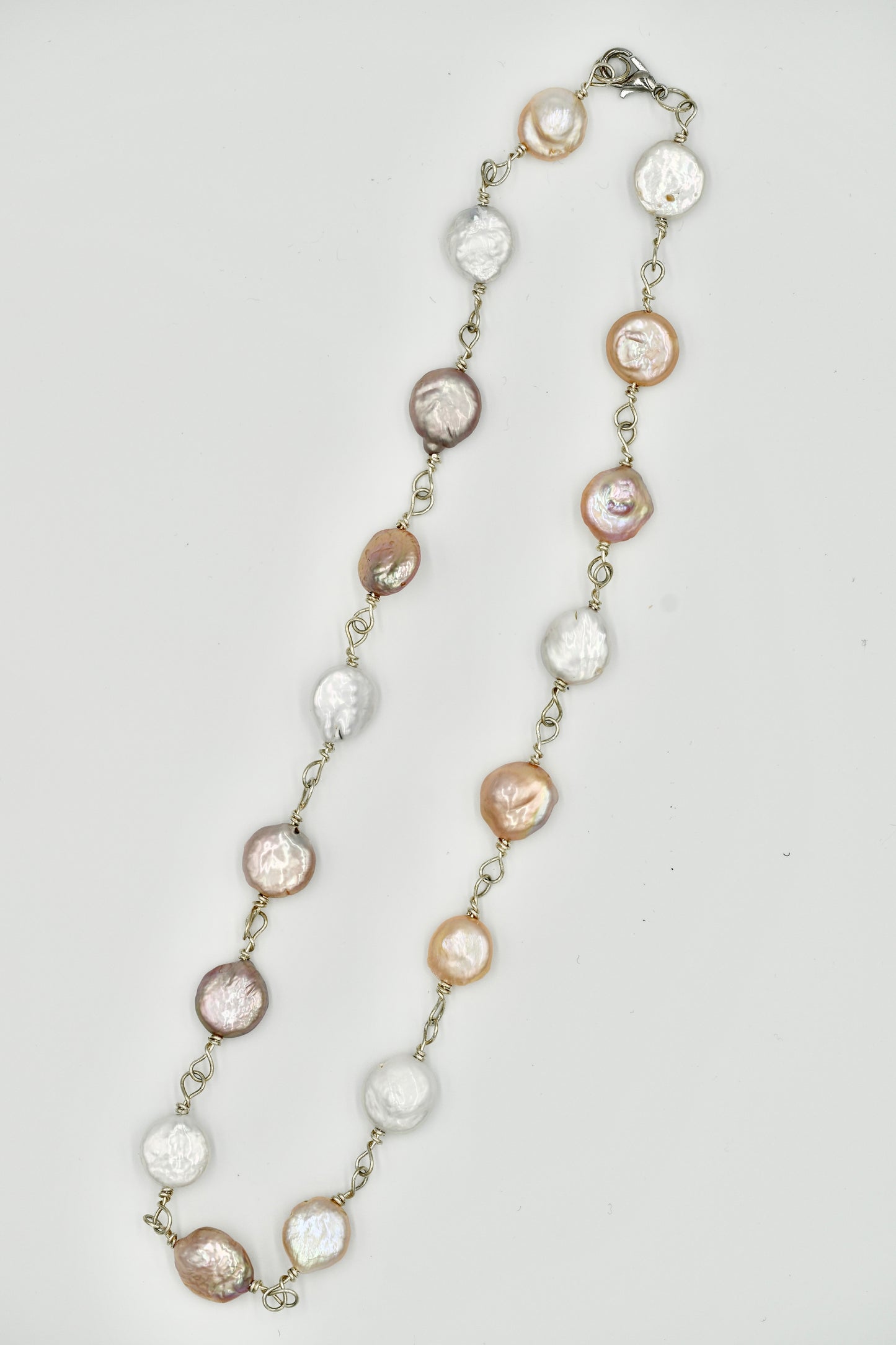 Sterling Silver Rosary Twisted with Multiple Flat Fresh Water Pearls 18 Inch Necklace