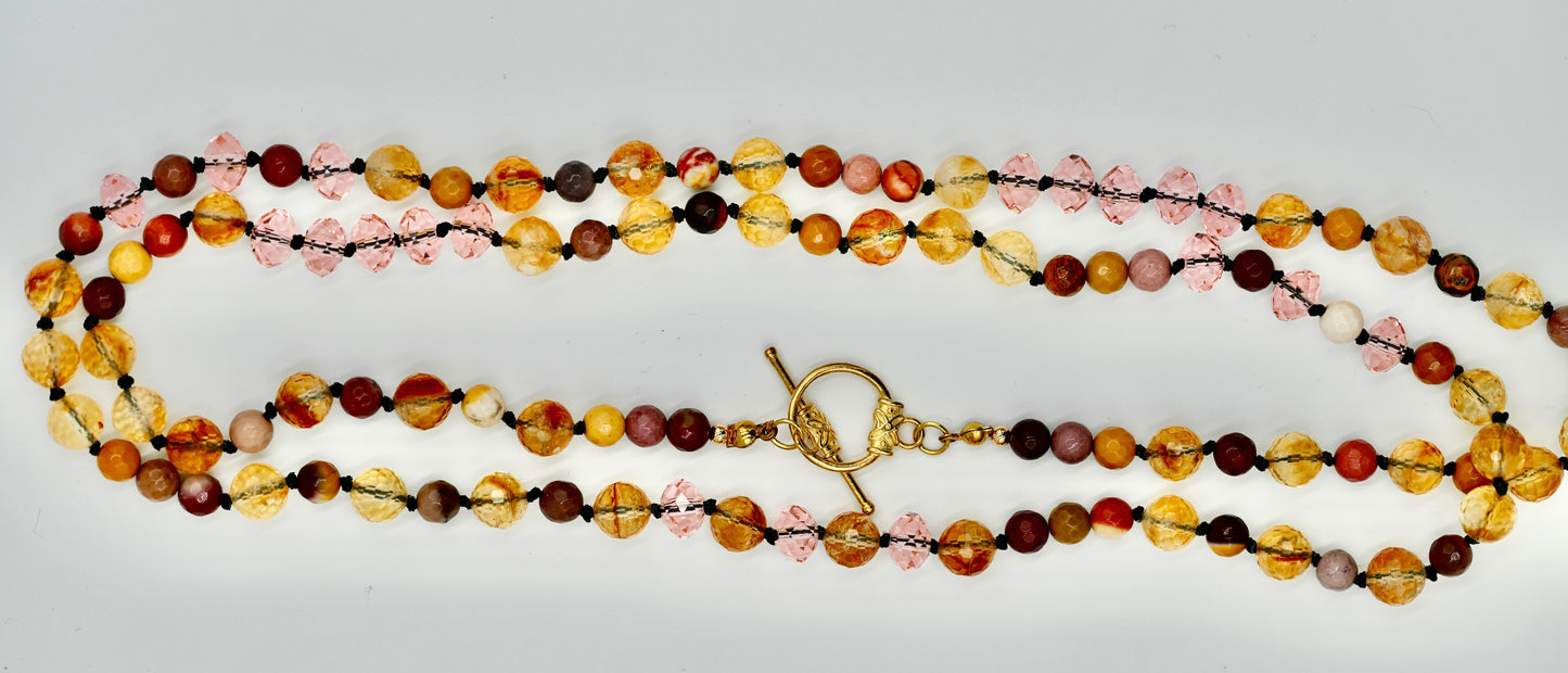 Multiple Gemstones Seven Chrystals Mookaite Pink Facet Chrystal 36 Inch Gold Hardware Necklace Knotted Black Silk