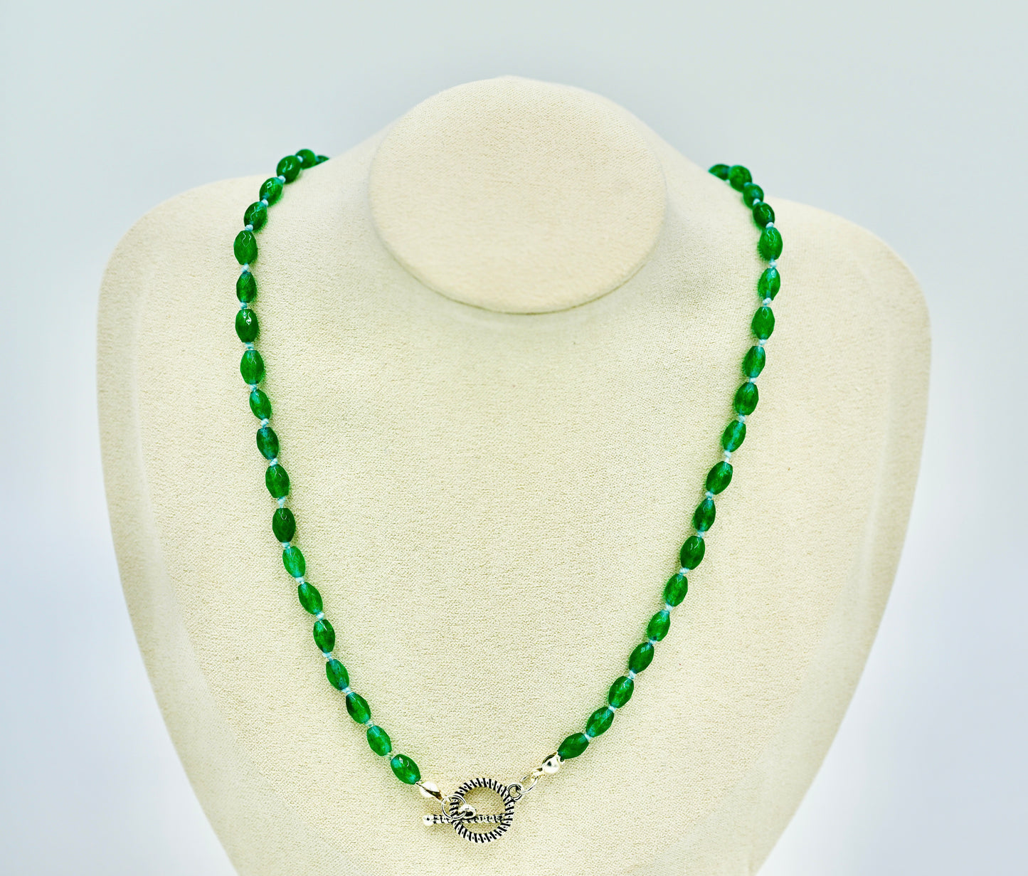 Green Jade Knotted Blue Silk 17 Inch Necklace Silver Hardware