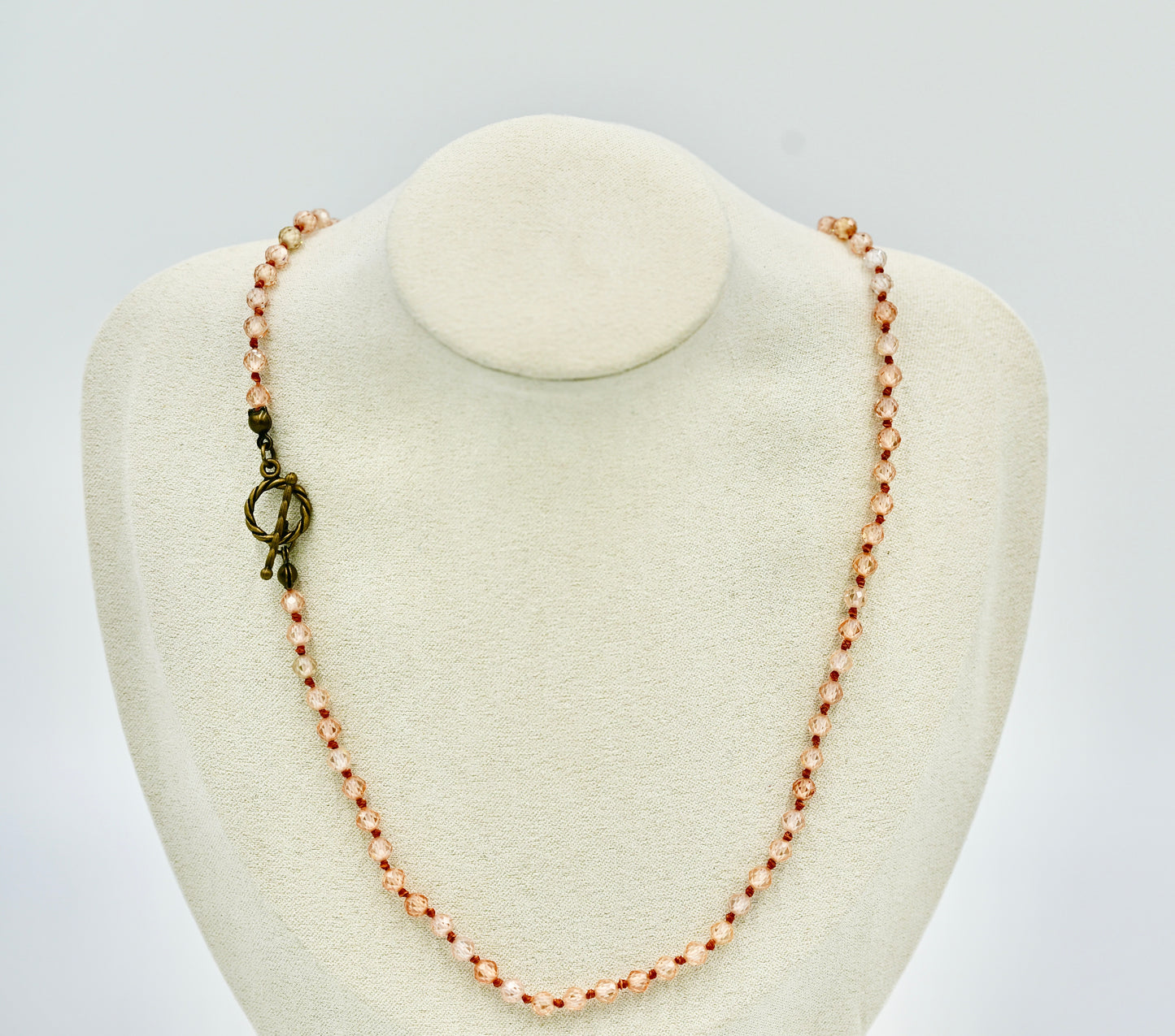 Chocolate Cognac Facet Chrystals 18 Inch Knotted Chocolate Brown Wax Silk Yellow Copper Hardware