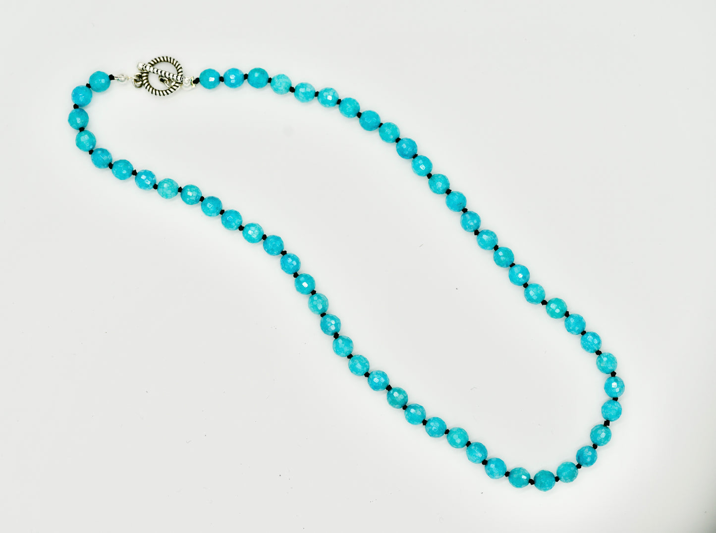 Mystic Blue Jade Facetted 17 Inch Necklace Knotted Black Silk