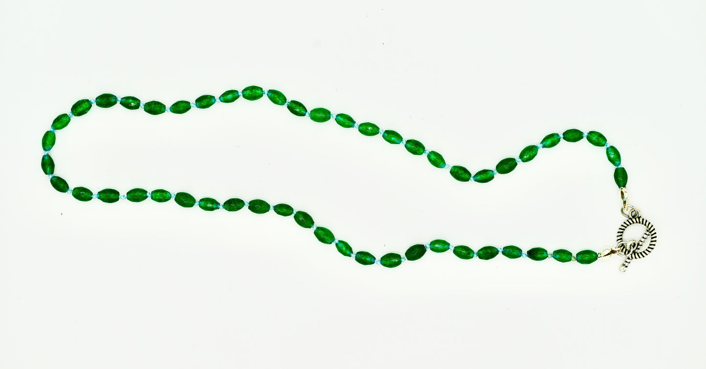 Green Jade Knotted Blue Silk 17 Inch Necklace Silver Hardware