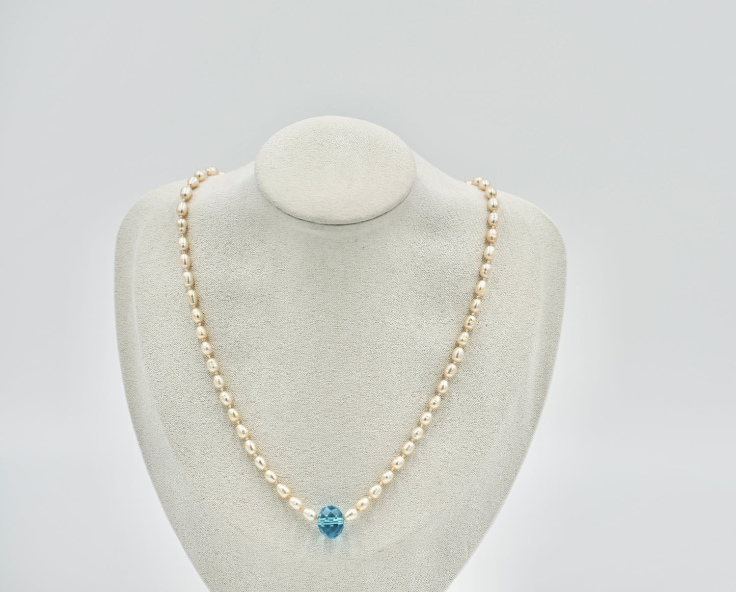 Fresh Water Pearl with 20k Aquamarine Stone Knotted 17 Inch Necklace White Silk Silver Hardware