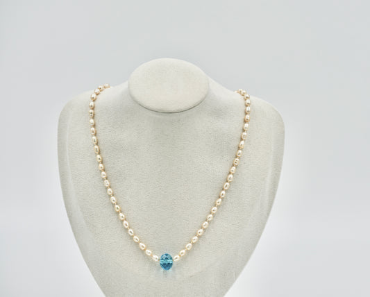 Fresh Water Pearl with 20k Aquamarine Stone Knotted 17 Inch Necklace White Silk Silver Hardware