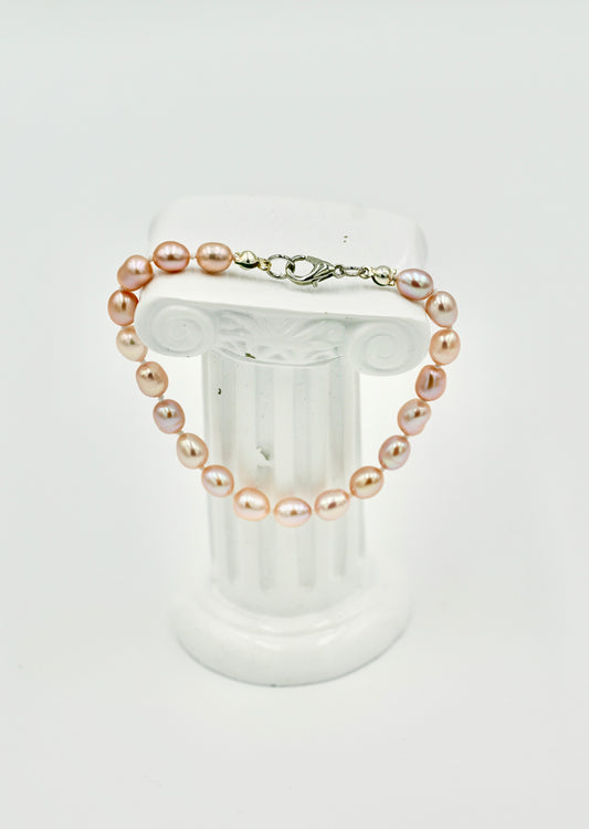 Pink Beige Fresh Water Pearls 7 Inch Knotted White Silk Bracelet Silver Hardware