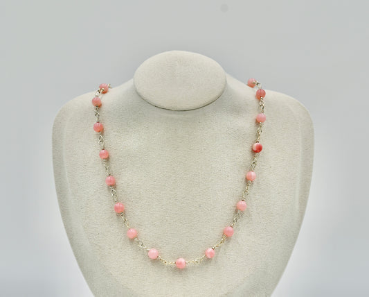 Pink Opal 925 Sterling Silver Rosary 17 Inch Necklace