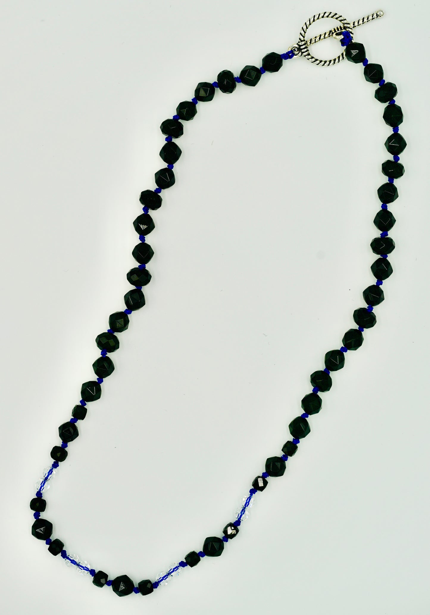Black Spinel White Chrystals 16 Inch Knotted Blue Silk Necklace Silver Hardware