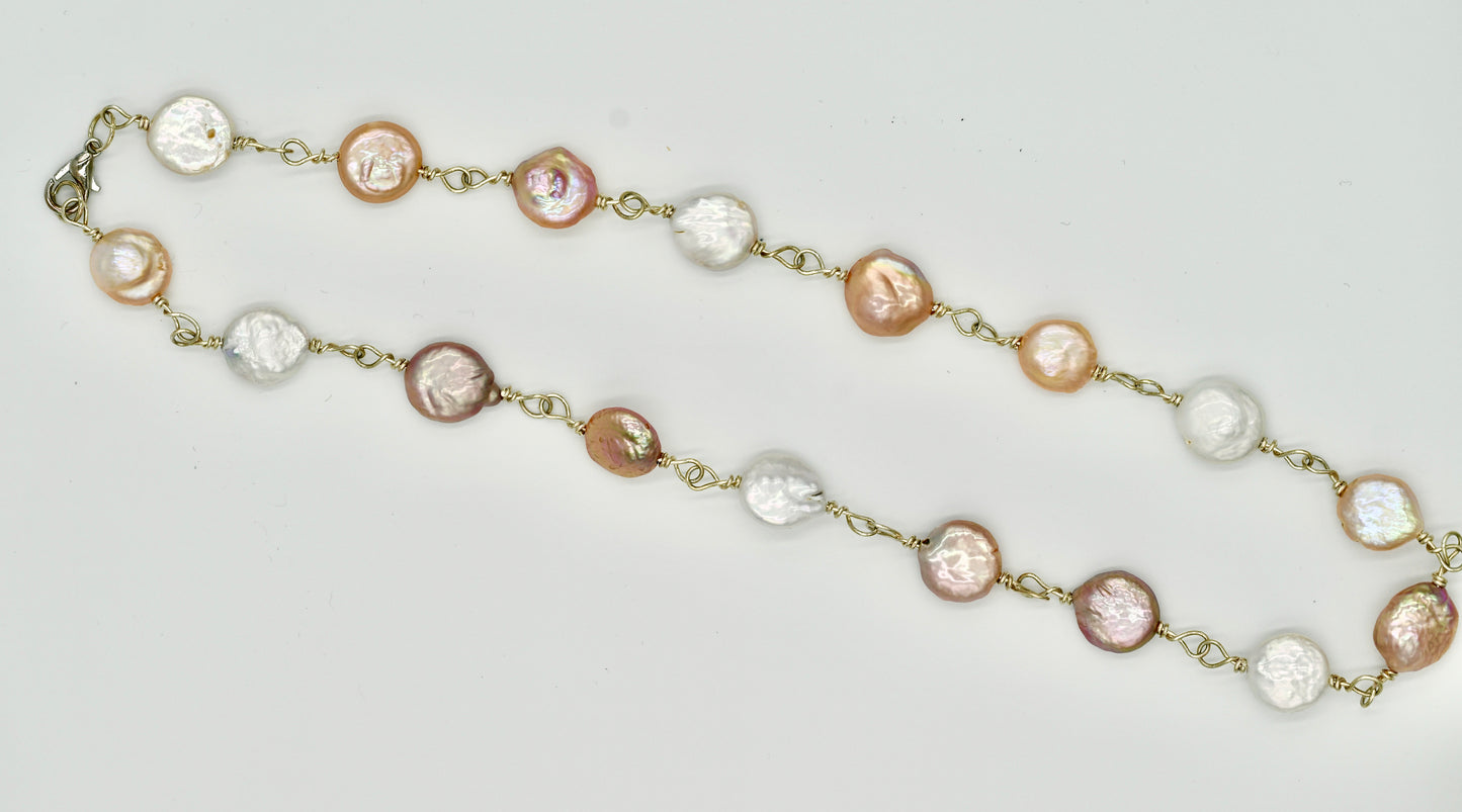 Sterling Silver Rosary Twisted with Multiple Flat Fresh Water Pearls 18 Inch Necklace