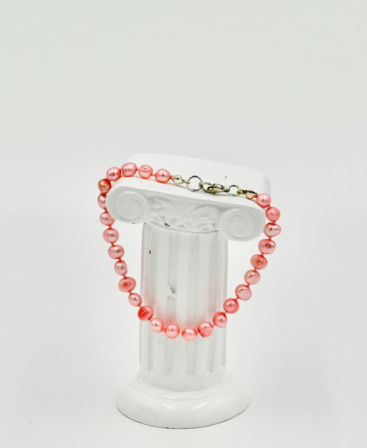 Fresh Pink Fresh Water Pearl 7.5 Inch Knotted Bracelet Silver Hardware