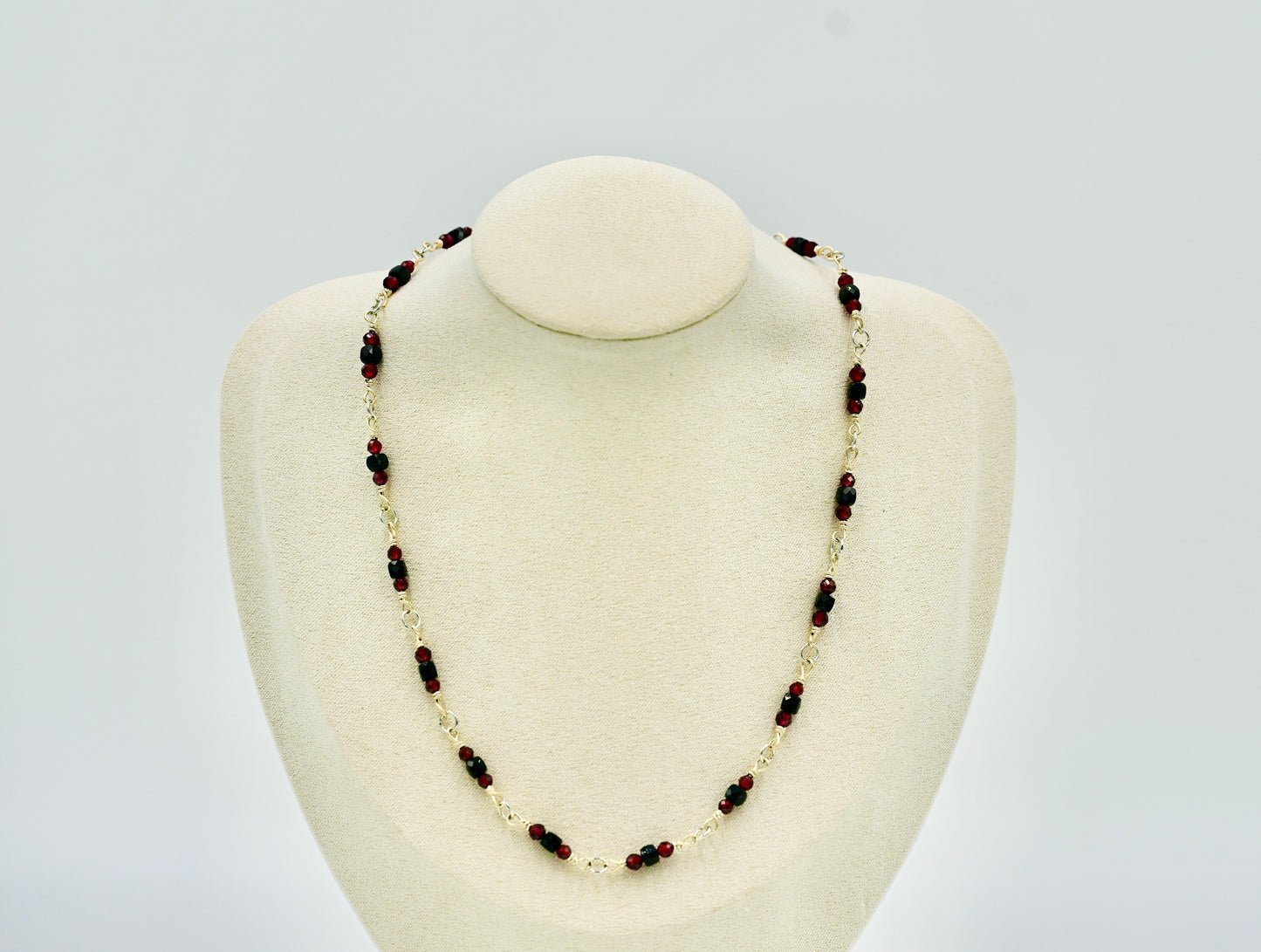 Black Spinel Red Garnet Accent 16 Inch 925 Rosary Necklace