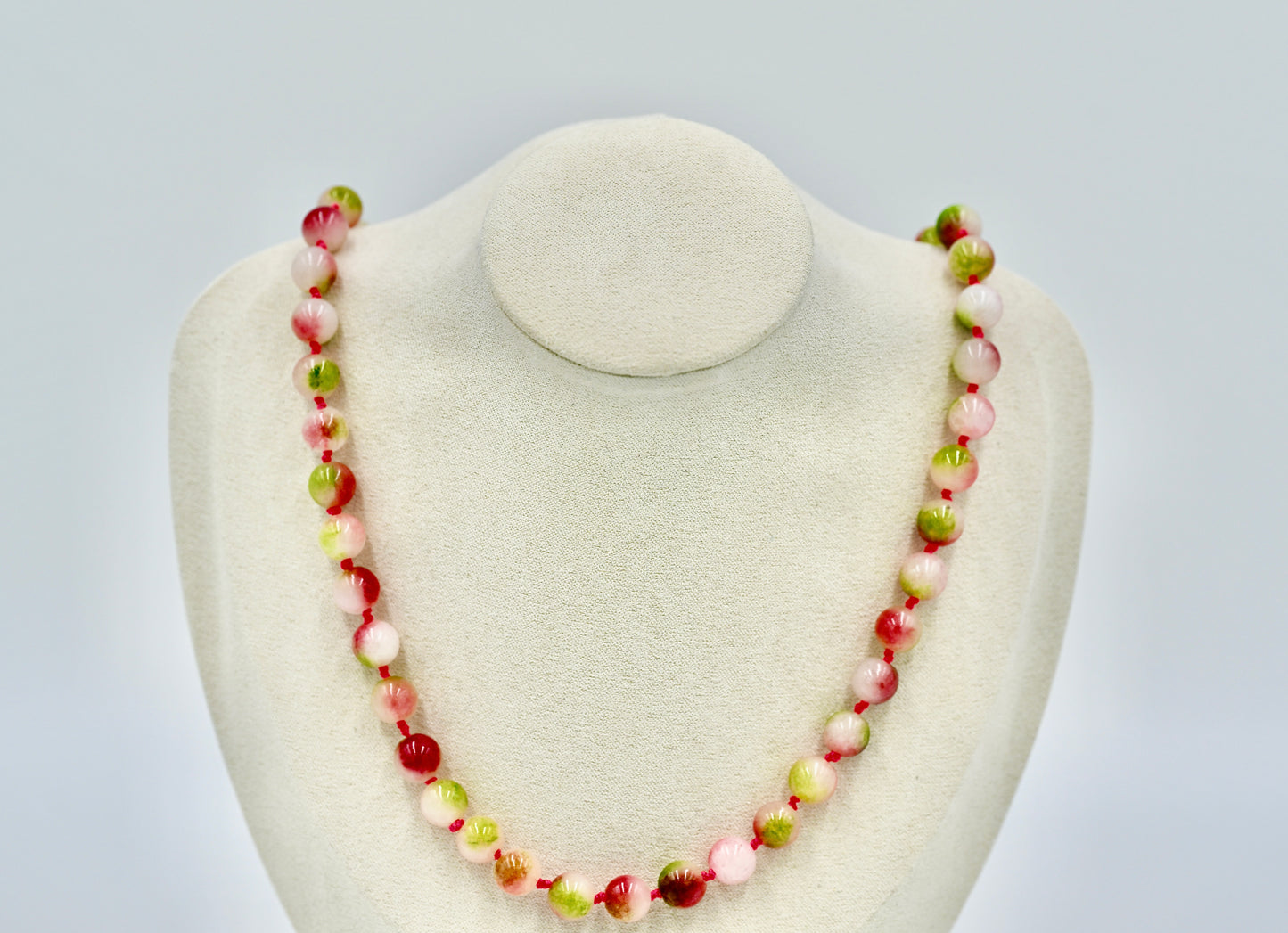 Jasper Jade 20 Inch Knotted Pink Silk Necklace Silver Hardware
