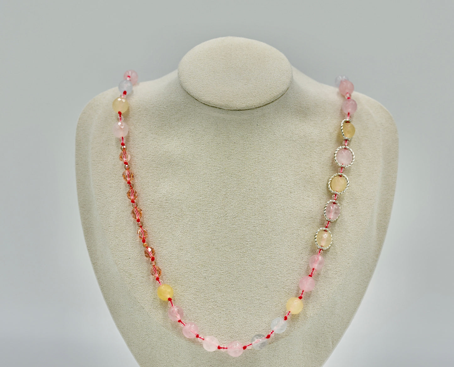 Morganite Pink Chrystals 22 Inch Knotted Pink Necklace Silver Hardware