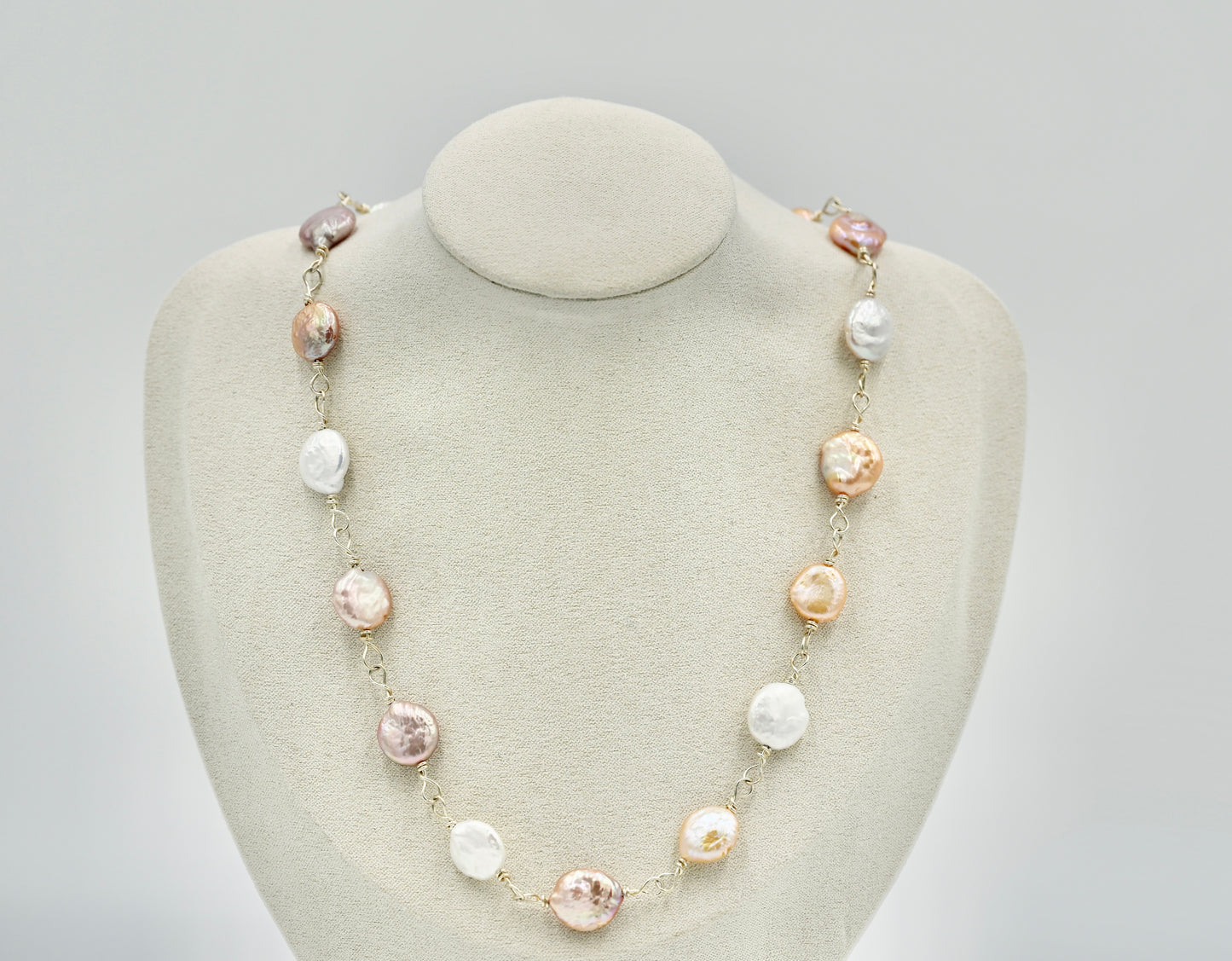 Sterling Silver Rosary Twisted with Multiple Flat Fresh Water Pearls 18 Inch Necklace