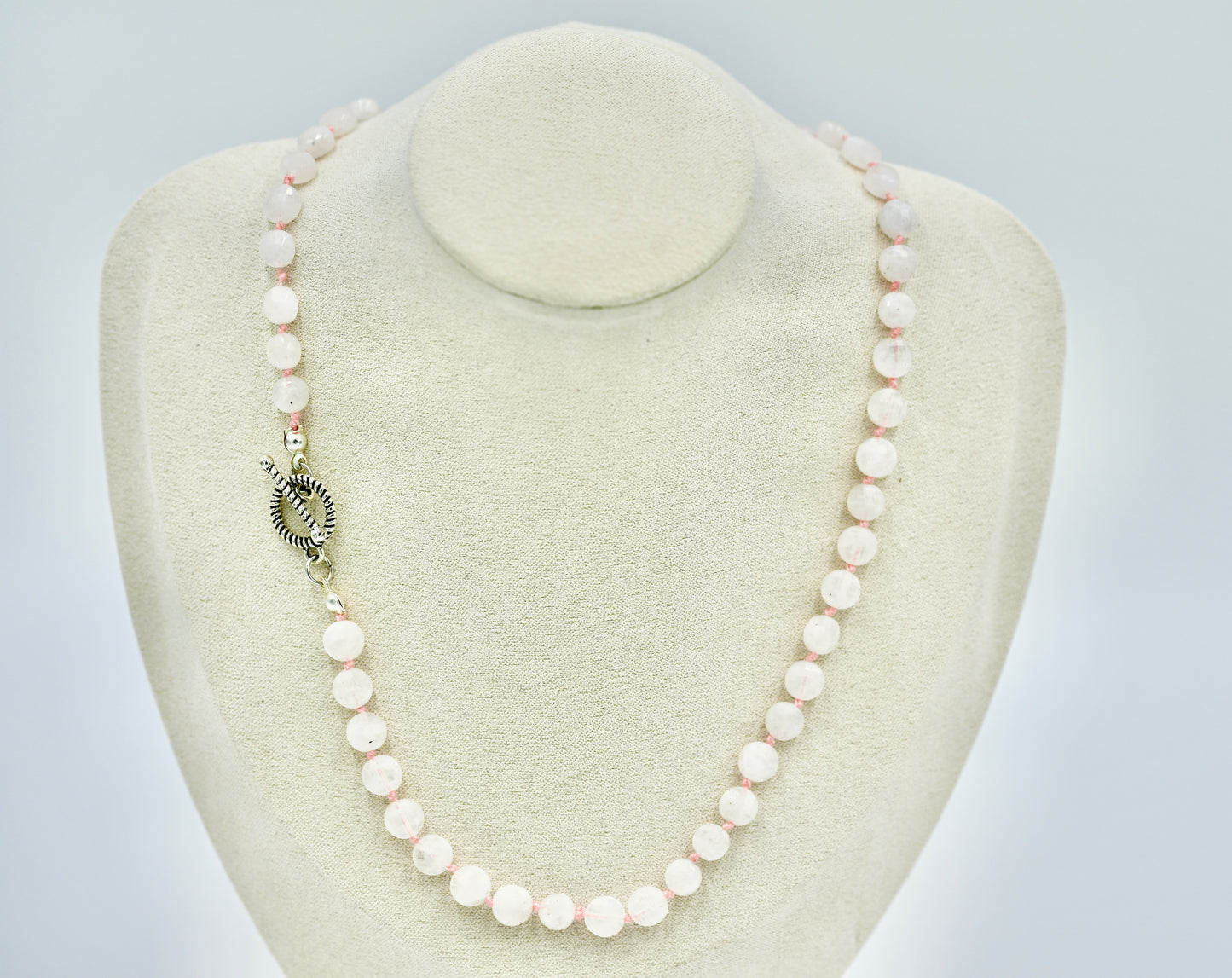 Moon Stone Knotted Pink Silk 17 Inch Necklace Silver Hardware