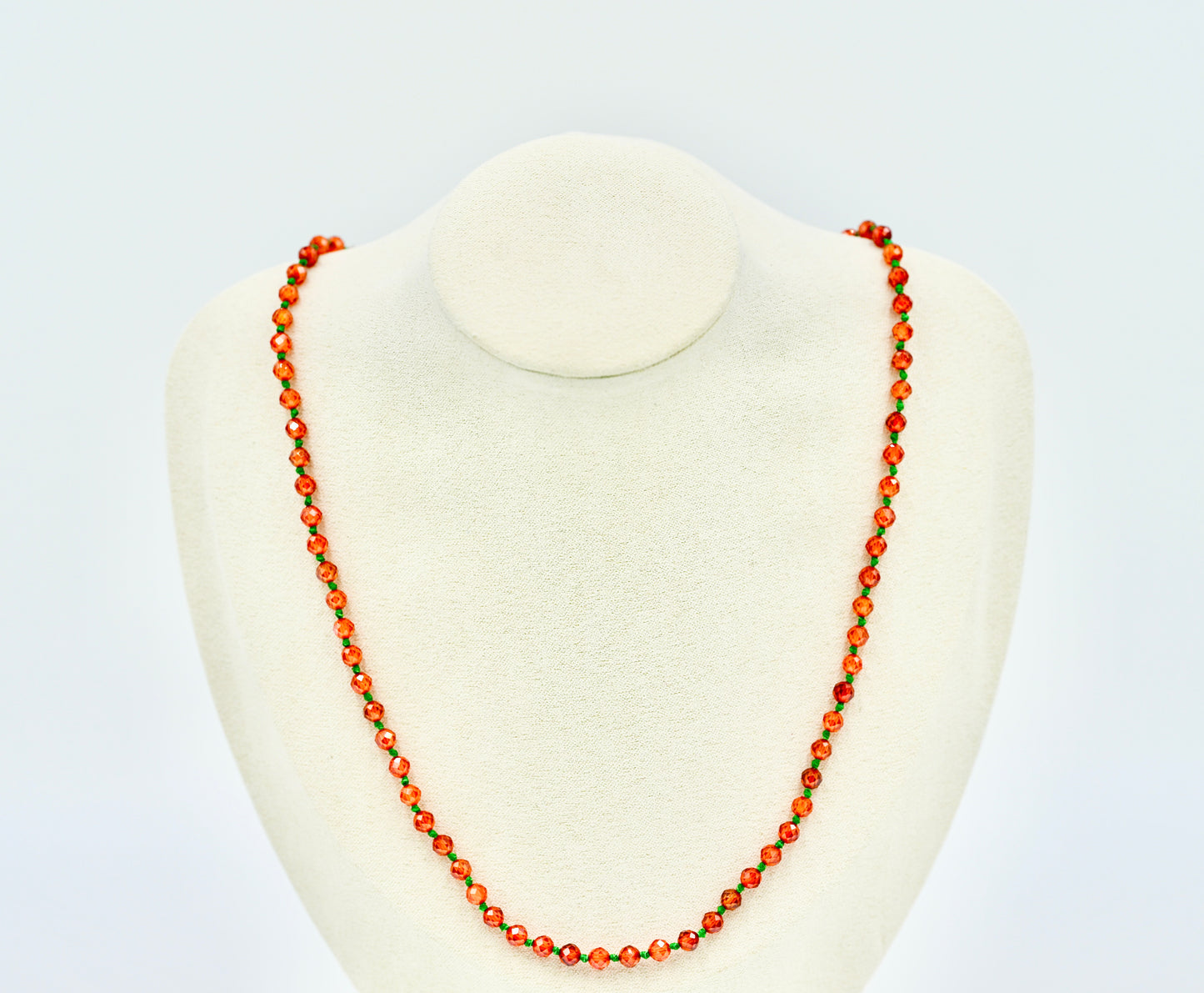 Orange Garnet Facet Shiny Knotted Green Wax Silk 18 Inch Necklace Yellow Copper Antique Hardware