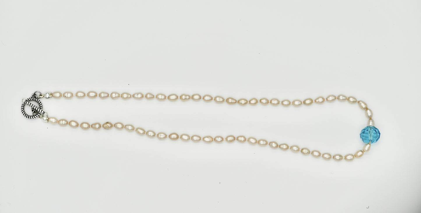 Fresh Water Pearl with 20k Aquamarine Stone Knotted 17 Inch Necklace White Silk Silver Hardware