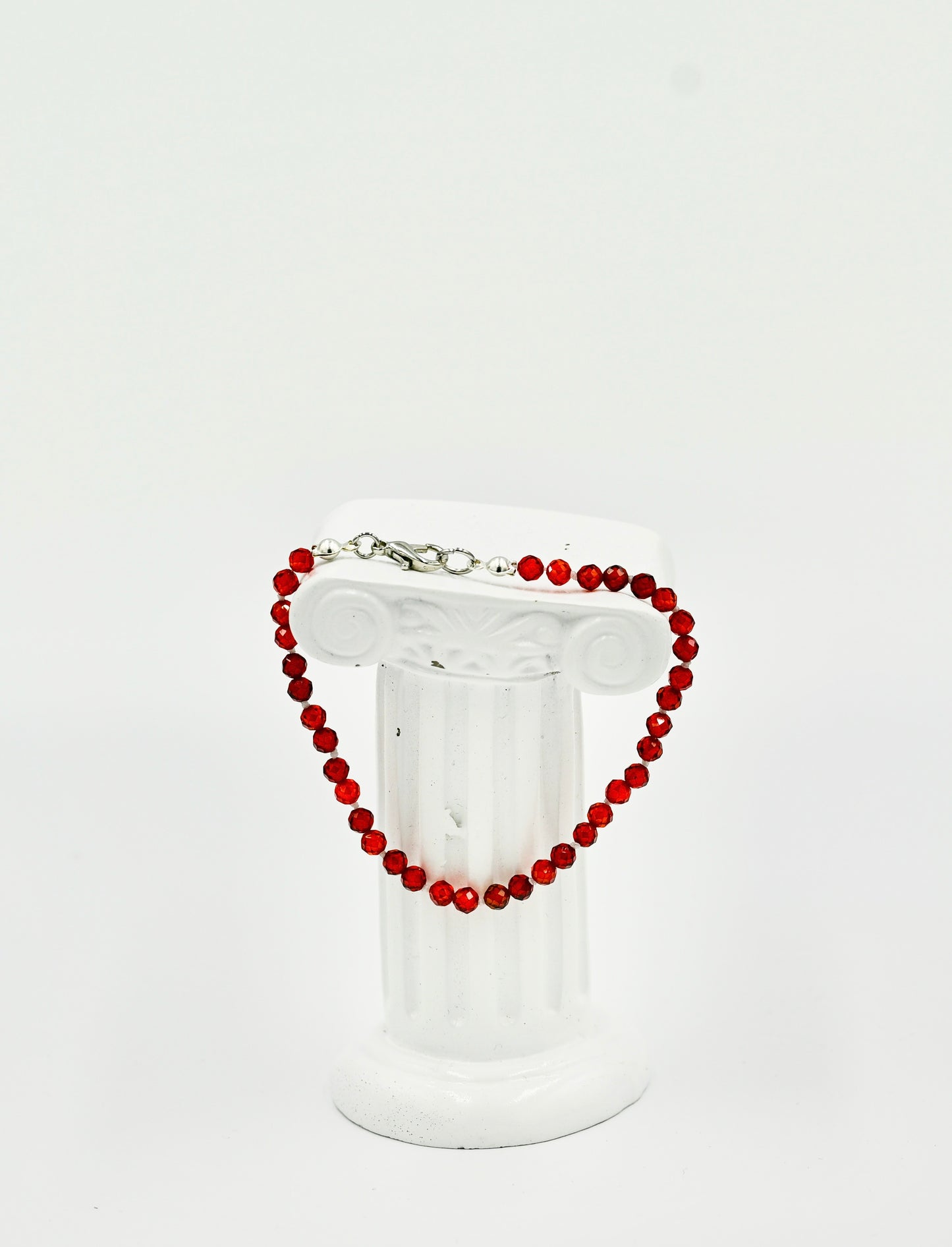 Orange Garnet Facet 7 Inch Knotted White Silk Bracelet Silver Hardware