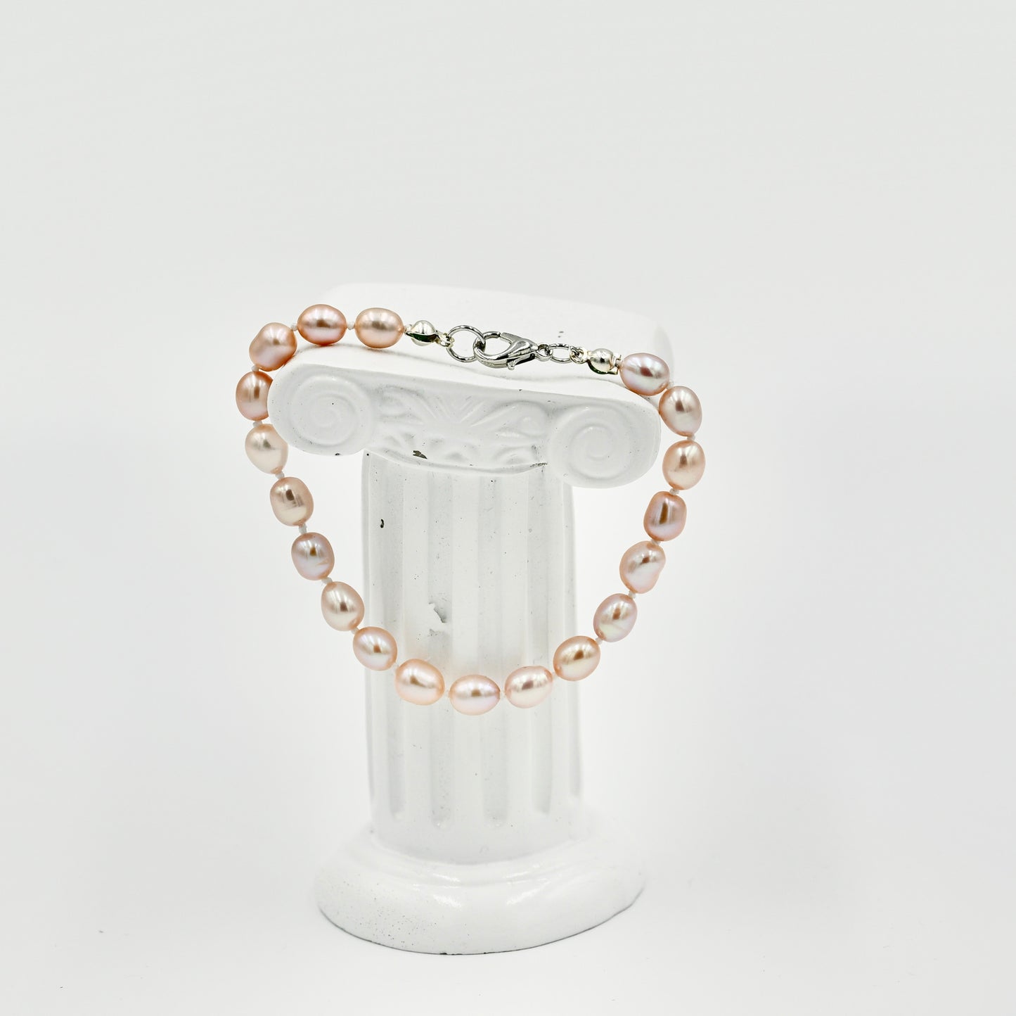 Pink Beige Fresh Water Pearls 7 Inch Knotted White Silk Bracelet Silver Hardware