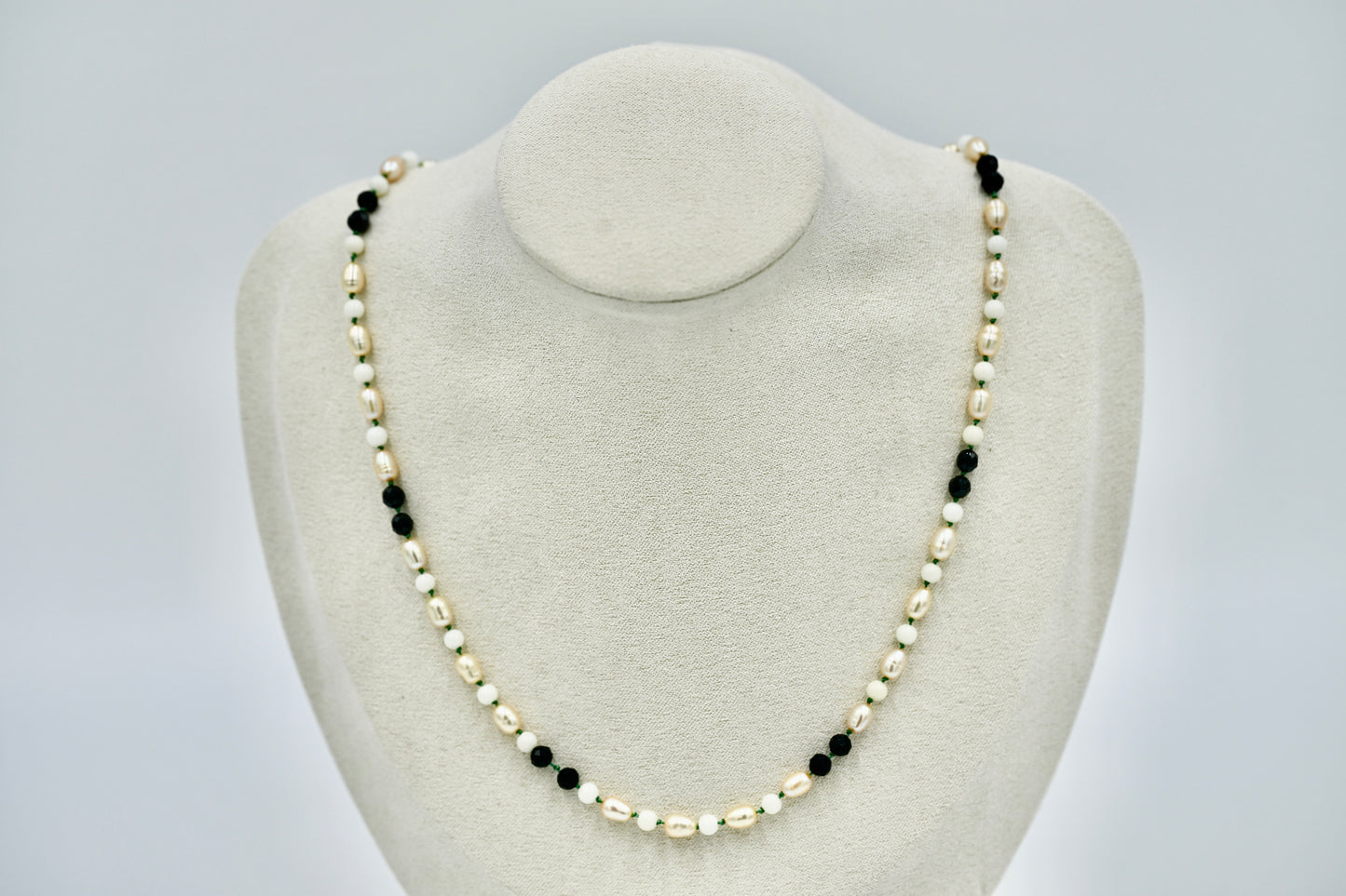 Mixed Stone Fresh Water Pearl Black Spinel with Coral 17 Inch Knotted Green Silk Silver Hardware