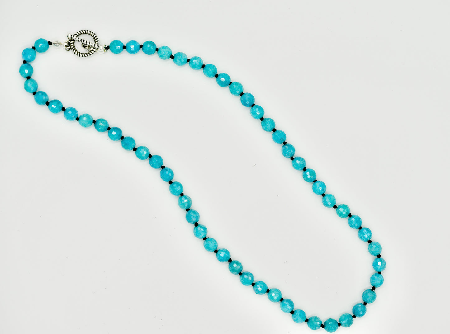 Mystic Blue Jade Facetted 17 Inch Necklace Knotted Black Silk