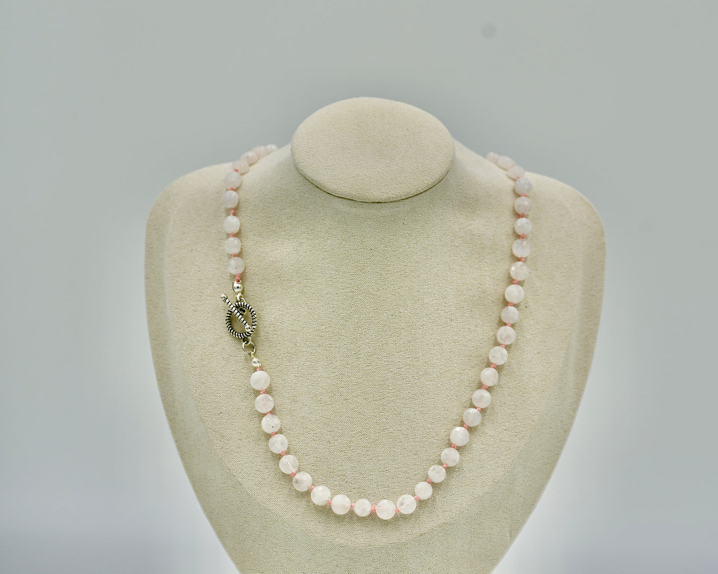 Moon Stone Knotted Pink Silk 17 Inch Necklace Silver Hardware