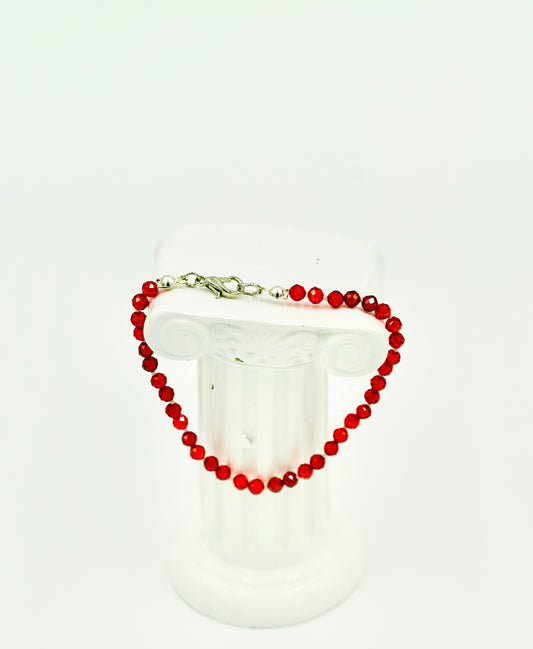 Orange Garnet Facet 7 Inch Knotted White Silk Bracelet Silver Hardware