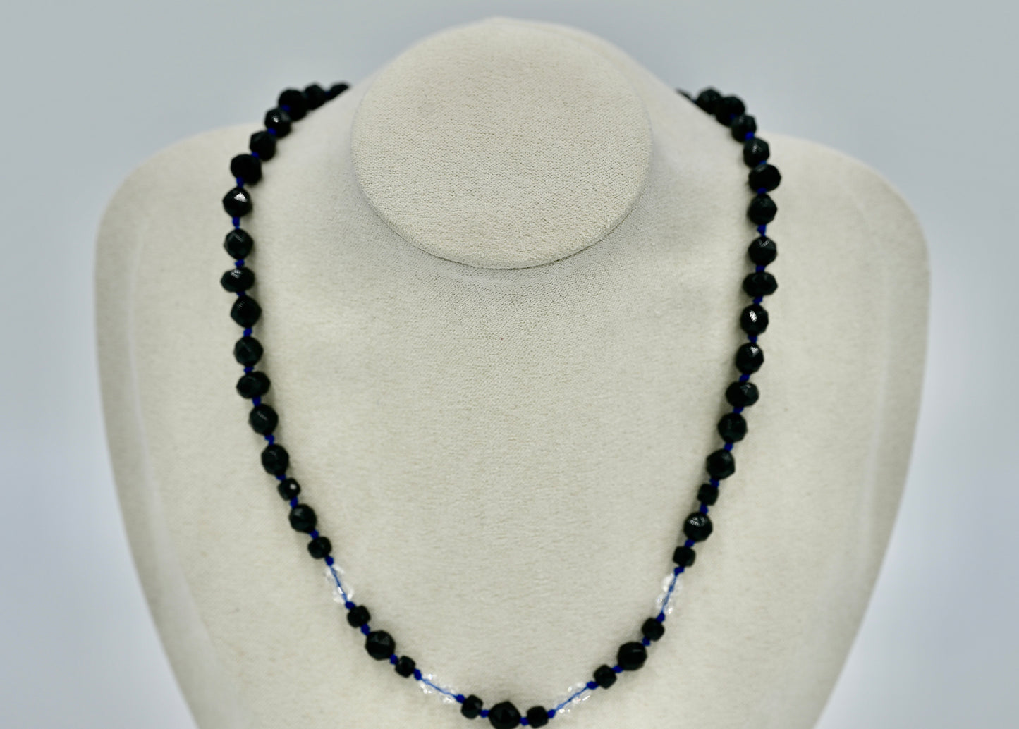 Black Spinel White Chrystals 16 Inch Knotted Blue Silk Necklace Silver Hardware