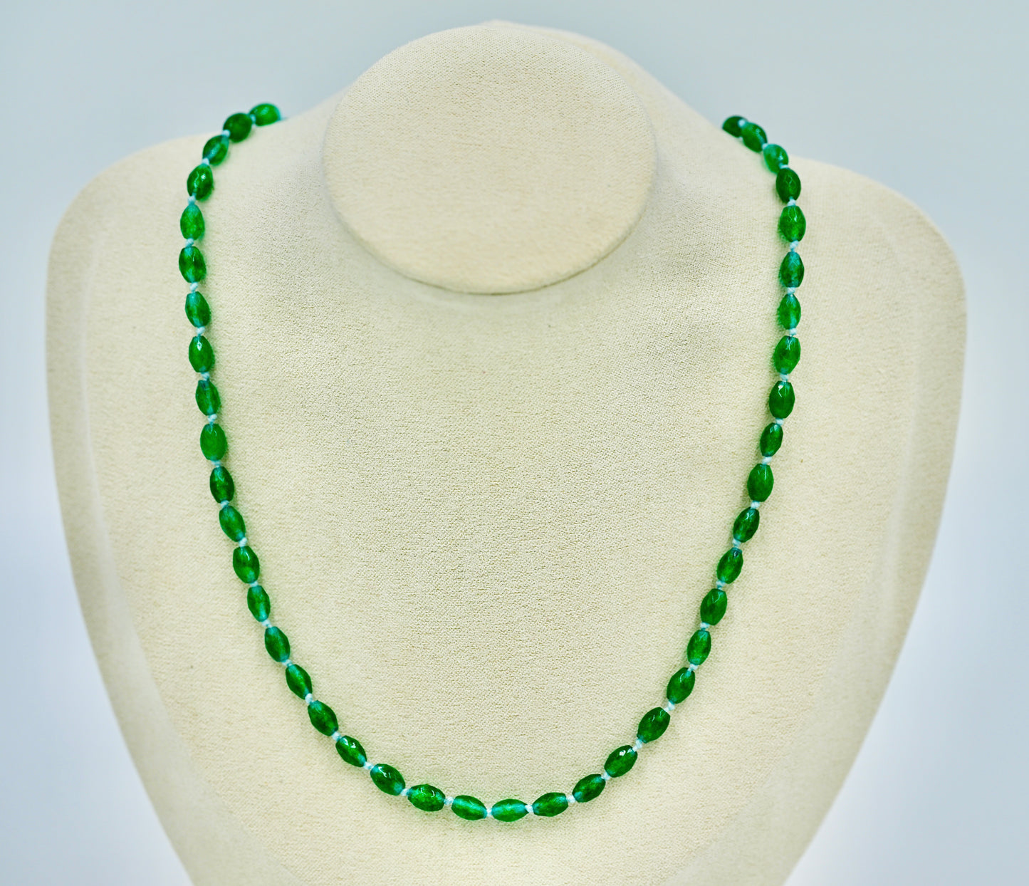 Green Jade Knotted Blue Silk 17 Inch Necklace Silver Hardware