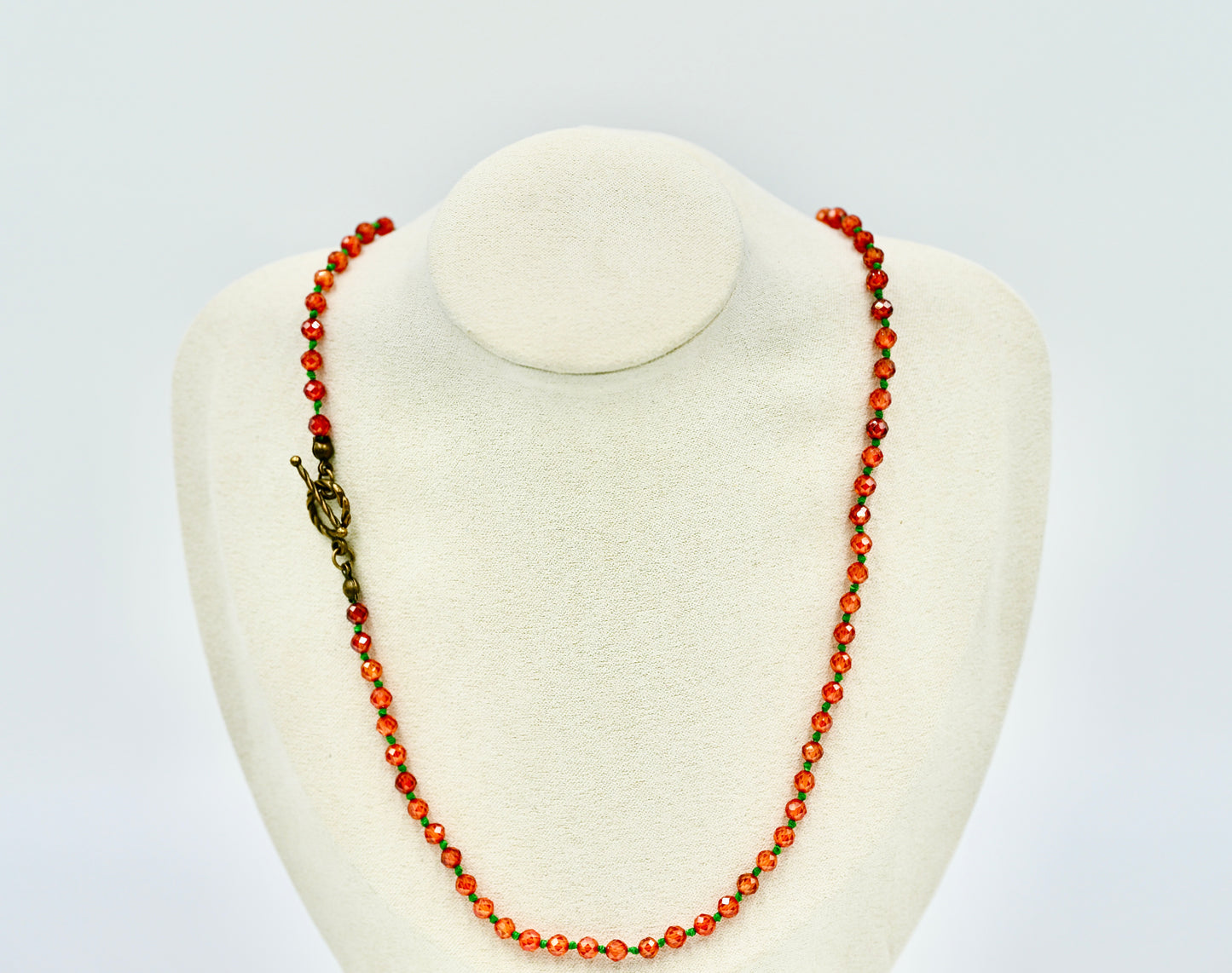 Orange Garnet Facet Shiny Knotted Green Wax Silk 18 Inch Necklace Yellow Copper Antique Hardware